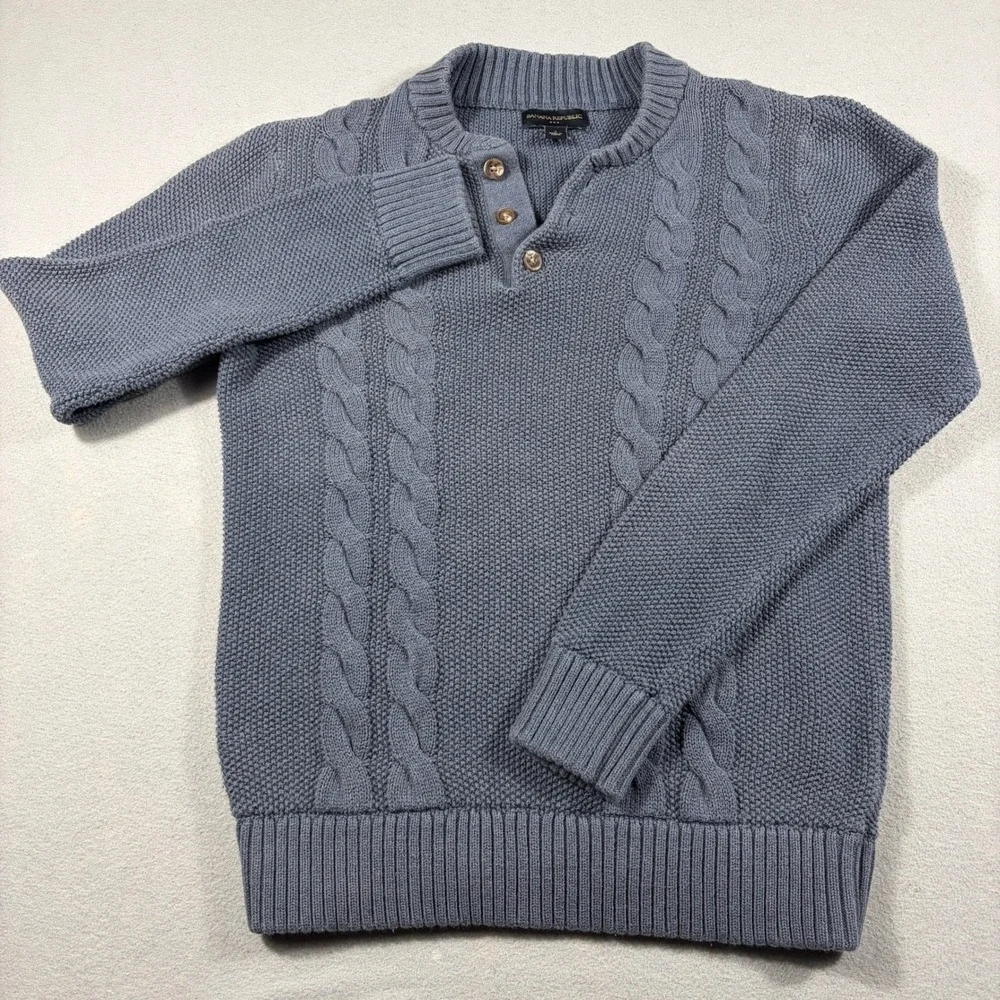 Banana Republic Mens Small Blue Sweater Henley Cable Knit Cotton Mock Neck